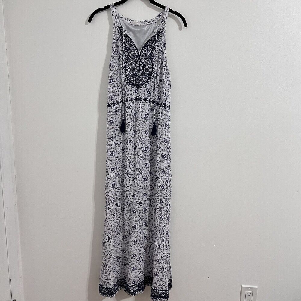 THML White and Blue Maxi Long Halter Dress Embroidered Size M Resort Bohemian